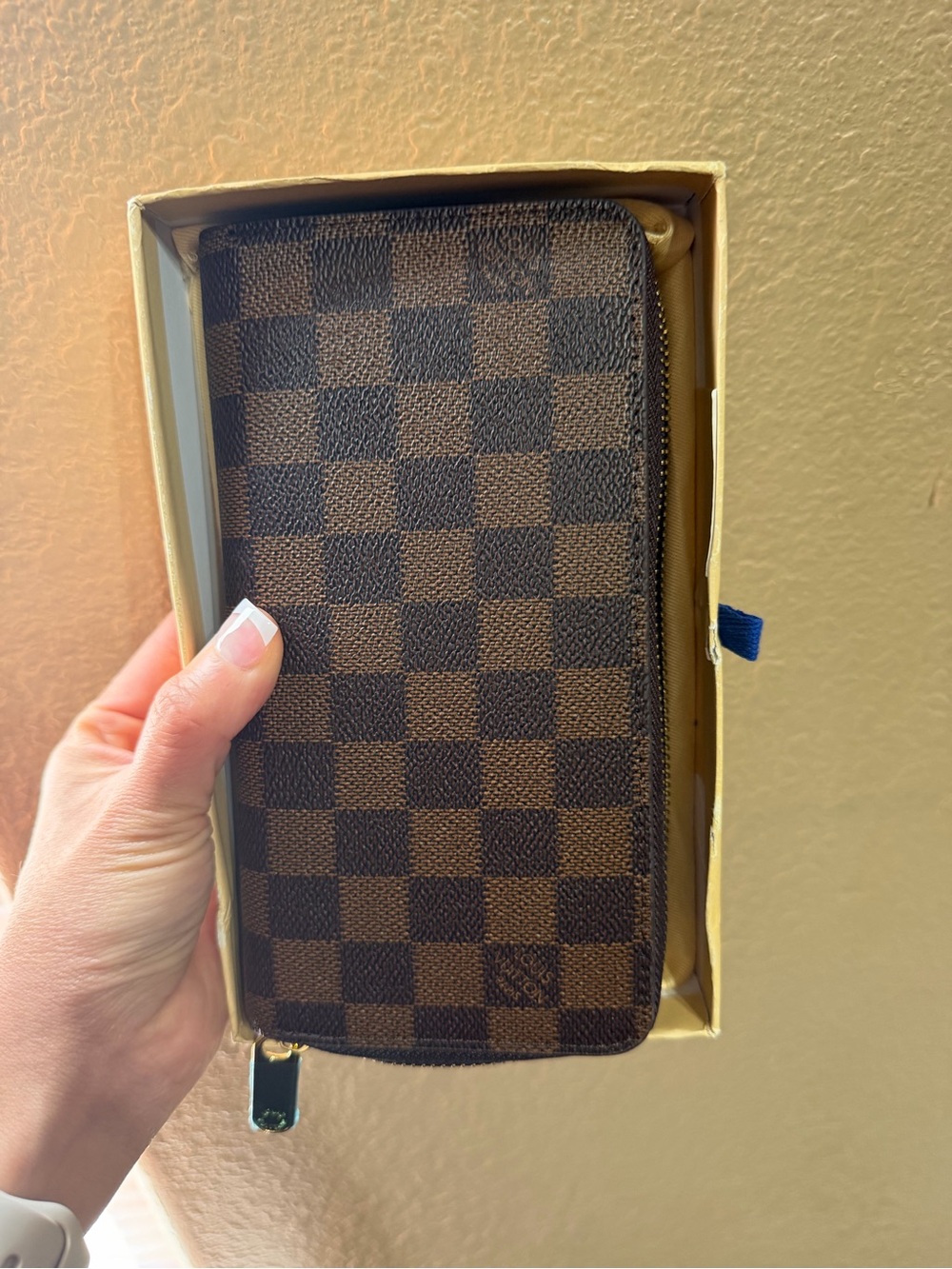 Checkerboard Zip Around Wallet in Brown